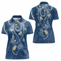 Polynesia Tribal Women Polo Shirt Deep Blue Plumeria Tentacles