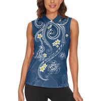 Polynesia Tribal Women Sleeveless Polo Shirt Deep Blue Plumeria Tentacles LT7 - Polynesian Pride