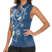 Polynesia Tribal Women Sleeveless Polo Shirt Deep Blue Plumeria Tentacles LT7 - Polynesian Pride