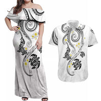 Polynesia Tribal Couples Matching Off Shoulder Maxi Dress and Hawaiian Shirt White Plumeria Tentacles