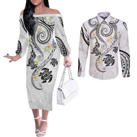 Polynesia Tribal Couples Matching Off The Shoulder Long Sleeve Dress and Long Sleeve Button Shirt White Plumeria Tentacles