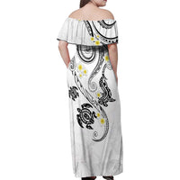 Polynesia Tribal Family Matching Off Shoulder Maxi Dress and Hawaiian Shirt White Plumeria Tentacles