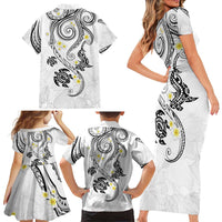 Polynesia Tribal Family Matching Short Sleeve Bodycon Dress and Hawaiian Shirt White Plumeria Tentacles
