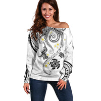 Polynesia Tribal Off Shoulder Sweater White Plumeria Tentacles