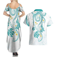 Polynesia Tribal Couples Matching Summer Maxi Dress and Hawaiian Shirt Teal Plumeria Tentacles