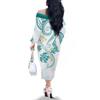Polynesia Tribal Family Matching Off The Shoulder Long Sleeve Dress and Hawaiian Shirt Teal Plumeria Tentacles