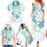 Polynesia Tribal Family Matching Summer Maxi Dress and Hawaiian Shirt Teal Plumeria Tentacles