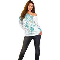 Polynesia Tribal Off Shoulder Sweater Teal Plumeria Tentacles