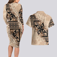 Bula Fiji Plumeria Tagimoucia Salusalu Beige Couples Matching Long Sleeve Bodycon Dress and Hawaiian Shirt Kaiviti Masi LT7 - Polynesian Pride