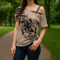 Bula Fiji Plumeria Tagimoucia Salusalu Beige Cross Shoulder Shirt Kaiviti Masi LT7 - Polynesian Pride