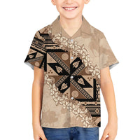 Bula Fiji Plumeria Tagimoucia Salusalu Beige Family Matching Off The Shoulder Long Sleeve Dress and Hawaiian Shirt Kaiviti Masi LT7 Son's Shirt Beige - Polynesian Pride