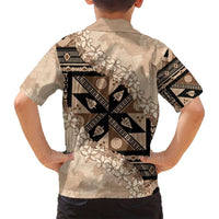 Bula Fiji Plumeria Tagimoucia Salusalu Beige Family Matching Off Shoulder Short Dress and Hawaiian Shirt Kaiviti Masi LT7 - Polynesian Pride