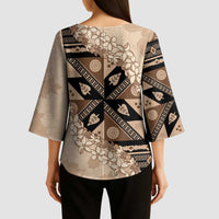 Bula Fiji Plumeria Tagimoucia Salusalu Beige Kimono Sleeve Blouse Kaiviti Masi LT7 - Polynesian Pride
