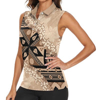 Bula Fiji Plumeria Tagimoucia Salusalu Beige Women Sleeveless Polo Shirt Kaiviti Masi LT7 - Polynesian Pride