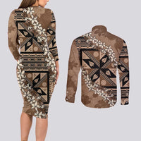 Bula Fiji Plumeria Tagimoucia Salusalu Mocha Couples Matching Long Sleeve Bodycon Dress and Long Sleeve Button Shirt Kaiviti Masi LT7 - Polynesian Pride