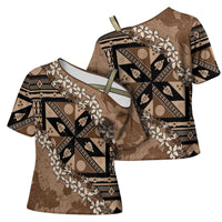 Bula Fiji Plumeria Tagimoucia Salusalu Mocha Cross Shoulder Shirt Kaiviti Masi LT7 - Polynesian Pride