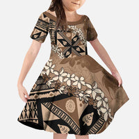 Bula Fiji Plumeria Tagimoucia Salusalu Mocha Family Matching Long Sleeve Bodycon Dress and Hawaiian Shirt Kaiviti Masi LT7 Daughter's Dress Mocha - Polynesian Pride