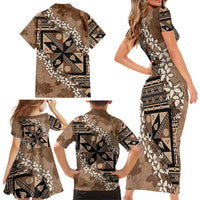 Bula Fiji Plumeria Tagimoucia Salusalu Mocha Family Matching Short Sleeve Bodycon Dress and Hawaiian Shirt Kaiviti Masi LT7 - Polynesian Pride