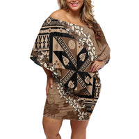 Bula Fiji Plumeria Tagimoucia Salusalu Mocha Off Shoulder Short Dress Kaiviti Masi LT7 Women Mocha - Polynesian Pride