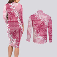 Bula Fiji Plumeria Tagimoucia Salusalu Pink Couples Matching Long Sleeve Bodycon Dress and Long Sleeve Button Shirt Kaiviti Masi LT7 - Polynesian Pride