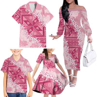 Bula Fiji Plumeria Tagimoucia Salusalu Pink Family Matching Off The Shoulder Long Sleeve Dress and Hawaiian Shirt Kaiviti Masi LT7 - Polynesian Pride