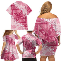Bula Fiji Plumeria Tagimoucia Salusalu Pink Family Matching Off Shoulder Short Dress and Hawaiian Shirt Kaiviti Masi LT7 - Polynesian Pride