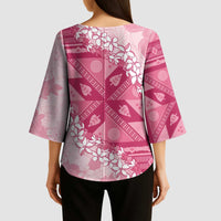 Bula Fiji Plumeria Tagimoucia Salusalu Pink Kimono Sleeve Blouse Kaiviti Masi LT7 - Polynesian Pride
