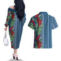 Women's Day Samoa Malu Tattoo Inspired Mix Teuila Couples Matching Off The Shoulder Long Sleeve Dress and Hawaiian Shirt Royal Blue LT7 - Polynesian Pride