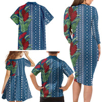 Women's Day Samoa Malu Tattoo Inspired Mix Teuila Family Matching Long Sleeve Bodycon Dress and Hawaiian Shirt Royal Blue LT7 - Polynesian Pride