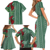 Women's Day Samoa Malu Tattoo Inspired Mix Teuila Family Matching Short Sleeve Bodycon Dress and Hawaiian Shirt Sage Green LT7 - Polynesian Pride