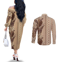 Women's Day Samoa Malu Tattoo Inspired Mix Teuila Couples Matching Off The Shoulder Long Sleeve Dress and Long Sleeve Button Shirt Vintage Tapa LT7 - Polynesian Pride