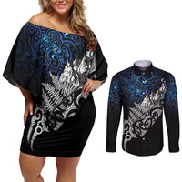 Maori Matariki Couples Matching Off Shoulder Short Dress and Long Sleeve Button Shirt Landscape Styled Fern - Galaxy