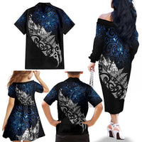 Maori Matariki Family Matching Off The Shoulder Long Sleeve Dress and Hawaiian Shirt Landscape Styled Fern - Galaxy