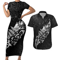 Maori Matariki Couples Matching Short Sleeve Bodycon Dress and Hawaiian Shirt Landscape Styled Fern - Monochrome