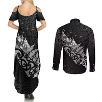 Maori Matariki Couples Matching Summer Maxi Dress and Long Sleeve Button Shirt Landscape Styled Fern - Monochrome