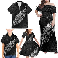 Maori Matariki Family Matching Off Shoulder Maxi Dress and Hawaiian Shirt Landscape Styled Fern - Monochrome