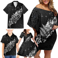 Maori Matariki Family Matching Off Shoulder Short Dress and Hawaiian Shirt Landscape Styled Fern - Monochrome