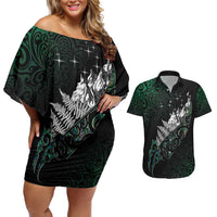 Maori Matariki Couples Matching Off Shoulder Short Dress and Hawaiian Shirt Landscape Styled Fern - Paua Shell