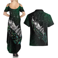 Maori Matariki Couples Matching Summer Maxi Dress and Hawaiian Shirt Landscape Styled Fern - Paua Shell