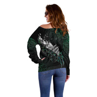 Maori Matariki Off Shoulder Sweater Landscape Styled Fern - Paua Shell