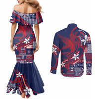 Samoa Manuia le Aso Tuto'atasi Couples Matching Mermaid Dress and Long Sleeve Button Shirt Siapo Mamanu Mix Tatau Marlin - Flag Color LT7 - Polynesian Pride