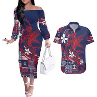 Samoa Manuia le Aso Tuto'atasi Couples Matching Off The Shoulder Long Sleeve Dress and Hawaiian Shirt Siapo Mamanu Mix Tatau Marlin - Flag Color LT7 Blue - Polynesian Pride