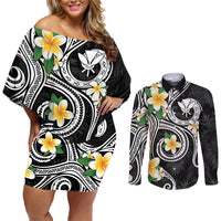 Kanaka Maoli Hawaii Plumeria Couples Matching Off Shoulder Short Dress and Long Sleeve Button Shirt Dancing Tentacles Black Style LT7 Black - Polynesian Pride