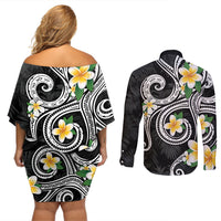 Kanaka Maoli Hawaii Plumeria Couples Matching Off Shoulder Short Dress and Long Sleeve Button Shirt Dancing Tentacles Black Style