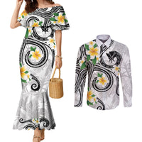 Kanaka Maoli Hawaii Plumeria Couples Matching Mermaid Dress and Long Sleeve Button Shirt Dancing Tentacles White Style LT7 White - Polynesian Pride