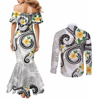 Kanaka Maoli Hawaii Plumeria Couples Matching Mermaid Dress and Long Sleeve Button Shirt Dancing Tentacles White Style LT7 - Polynesian Pride