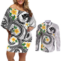 Kanaka Maoli Hawaii Plumeria Couples Matching Off Shoulder Short Dress and Long Sleeve Button Shirt Dancing Tentacles White Style LT7 White - Polynesian Pride