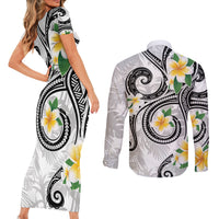 Kanaka Maoli Hawaii Plumeria Couples Matching Short Sleeve Bodycon Dress and Long Sleeve Button Shirt Dancing Tentacles White Style