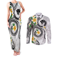Kanaka Maoli Hawaii Plumeria Couples Matching Tank Maxi Dress and Long Sleeve Button Shirt Dancing Tentacles White Style