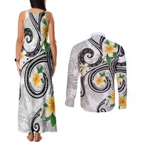 Kanaka Maoli Hawaii Plumeria Couples Matching Tank Maxi Dress and Long Sleeve Button Shirt Dancing Tentacles White Style